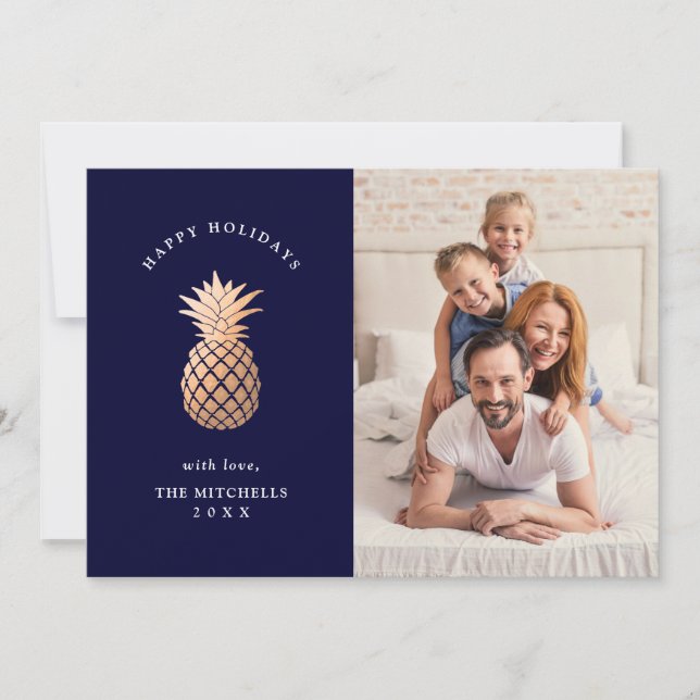 Rose Gold Pineapple on Navy Blue | Christmas Photo Holiday Card (Front)