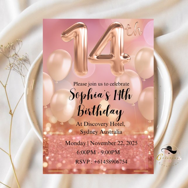 Rose Gold Pink 14th Birthday Invitations for girls (Creator Uploaded)