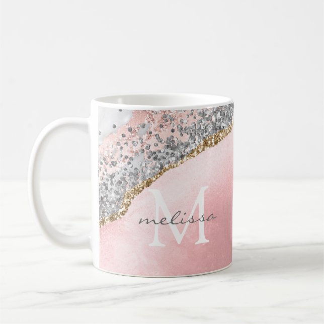 Rose Gold Pink Agate Glitter Marble Monogram Name Coffee Mug (Left)