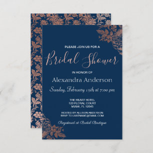 Rose Gold Pink and Navy Blue Floral Bridal Shower Invitation