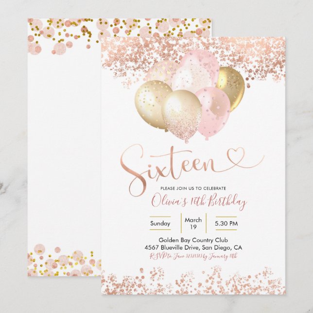Rose Gold Pink Balloon Sixteen Birthday Party  Invitation (Front/Back)