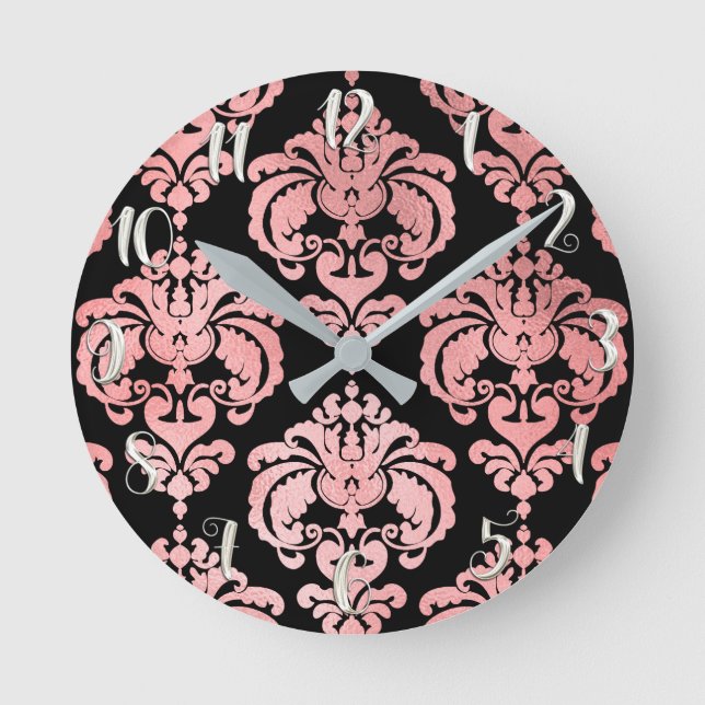 Rose Gold Pink & Black Damask Modern Personalised Round Clock (Front)