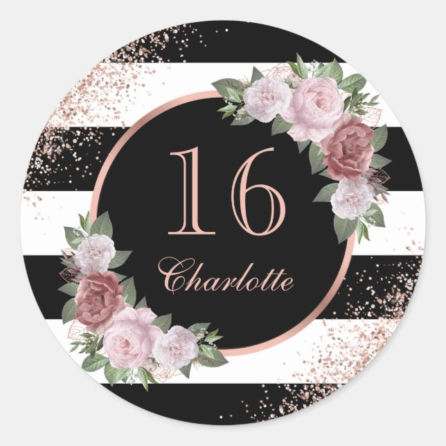 Rose Gold Pink Black Floral Sweet 16 Birthday Classic Round Sticker (Front)