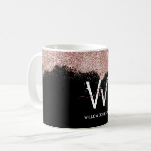 Rose Gold Pink Black Girly Glitter Dust Monogram Coffee Mug
