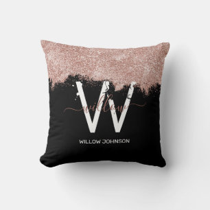 Rose Gold Pink Black Girly Glitter Dust Monogram Cushion