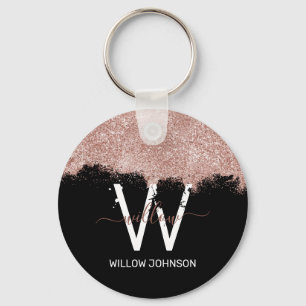 Rose Gold Pink & Black Girly Glitter Dust Monogram Key Ring