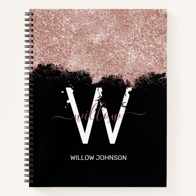 Rose Gold Pink Black Girly Glitter Dust Monogram Notebook (Front)