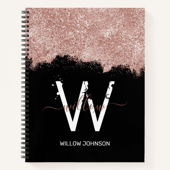 Rose Gold Pink Black Girly Glitter Dust Monogram Notebook (Front)