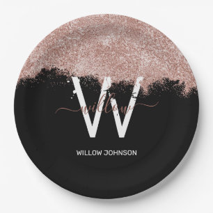Rose Gold Pink Black Girly Glitter Dust Monogram Paper Plate