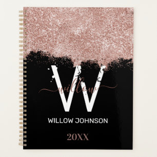 Rose Gold Pink Black Girly Glitter Dust Monogram Planner