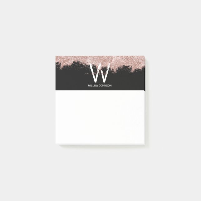 Rose Gold Pink Black Girly Glitter Dust Monogram Post-it Notes (Front)