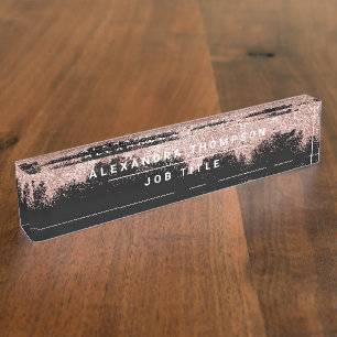 Rose Gold Pink Black Girly Glitter Dust Nameplate