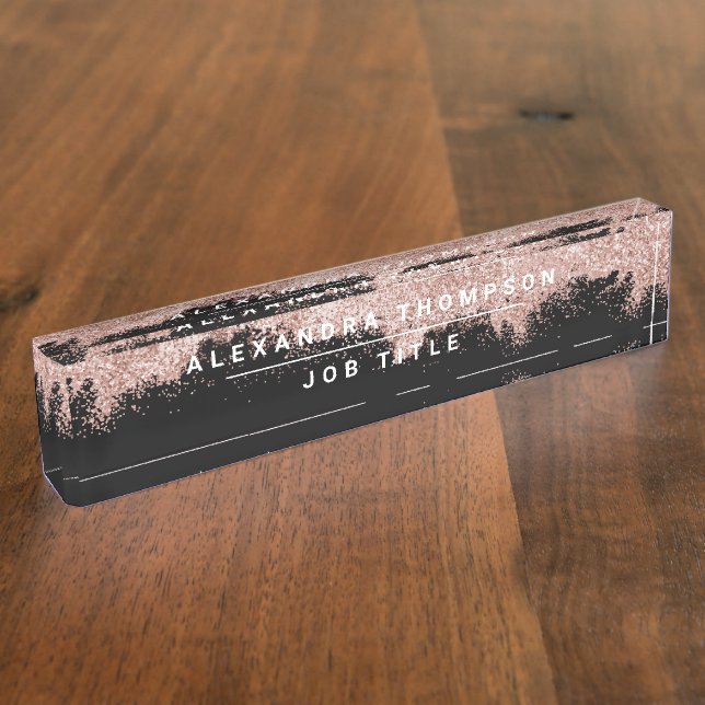 Rose Gold Pink Black Girly Glitter Dust Nameplate (Side)