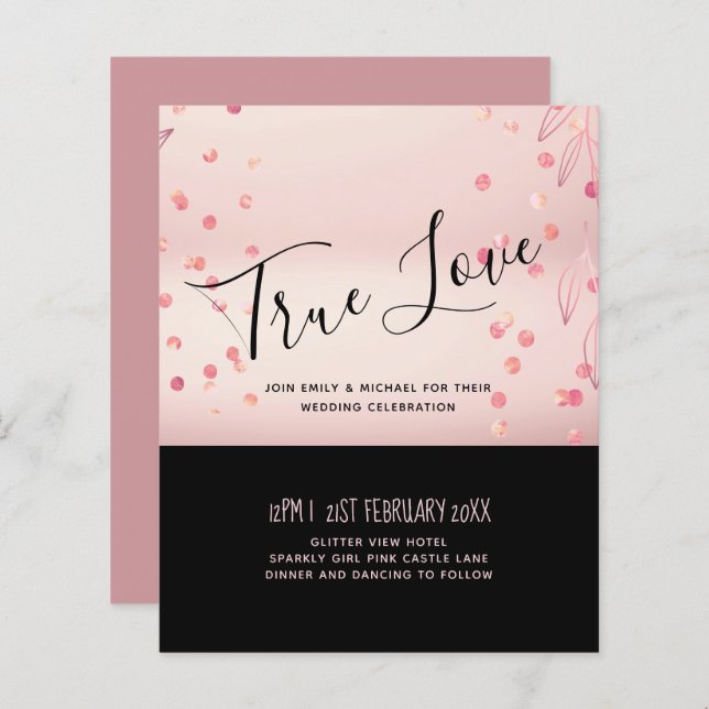 Rose Gold Pink Black Glitter Foil Look WEDDING (Front/Back)