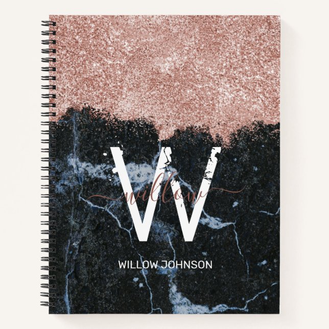 Rose Gold Pink Black Marble Glitter Dust Monogram Notebook (Front)