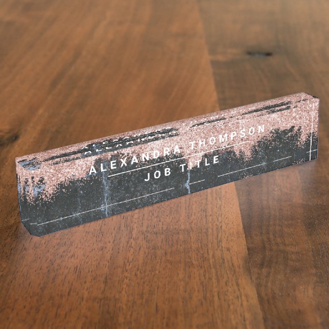 Rose Gold Pink Black Marble Glitter Dust Nameplate (Side)