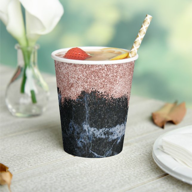 Rose Gold Pink Black Marble Glitter Paper Cups (Insitu)