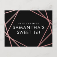 Rose Gold Pink Black Sweet 16 Save the Date