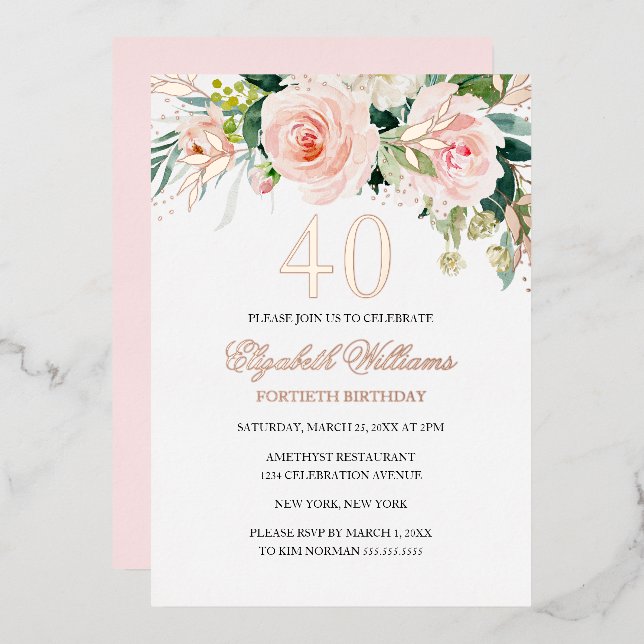 Rose Gold Pink Blush 40th Birthday Foil Invitation (Front/Back)