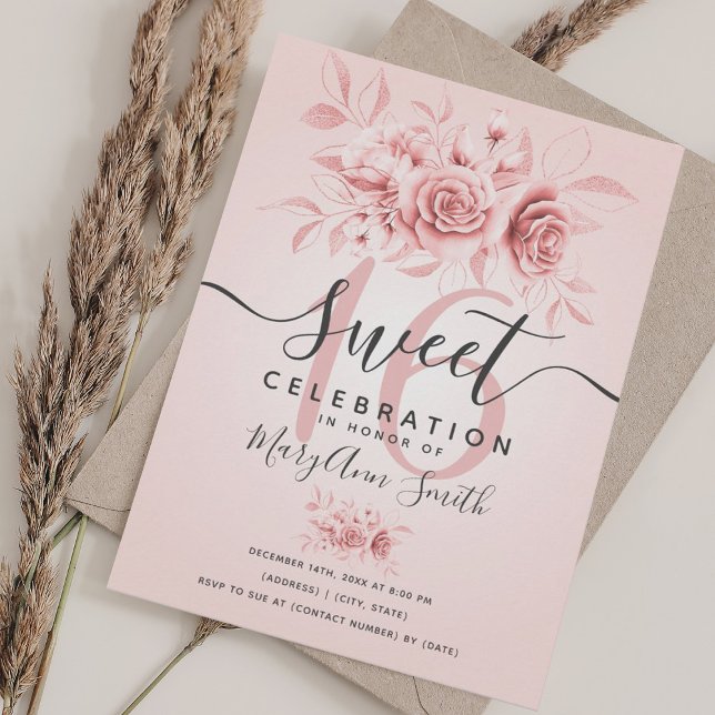 Rose Gold & Pink Blush Fab Floral Glitter Sweet 16 Invitation (Rose Gold & Pink Blush Fab Floral Glitter Sweet 16 Invitation)