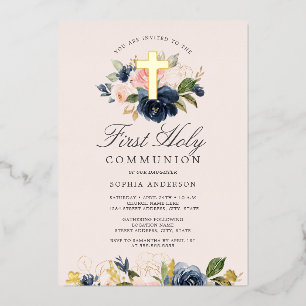 Rose Gold Pink Blush Floral Girls First Communion 
