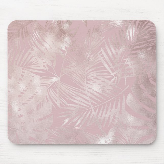 Rose Gold Pink Botanical Tropical Palm Tree Leaves Mouse Pad (Front)