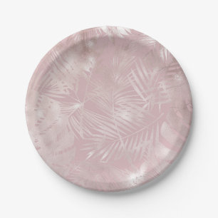 Rose Gold Pink Botanical Tropical Palm Tree Leaves Paper Plate