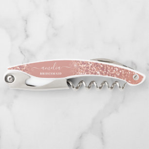 Rose Gold Pink Calligraphy Bridesmaid Name Favour Corkscrew