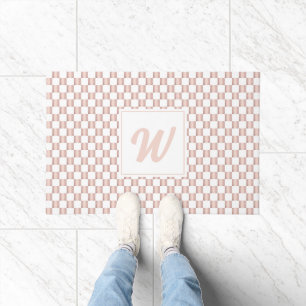 Rose Gold Pink Chequerboard Pattern Monogram Doormat