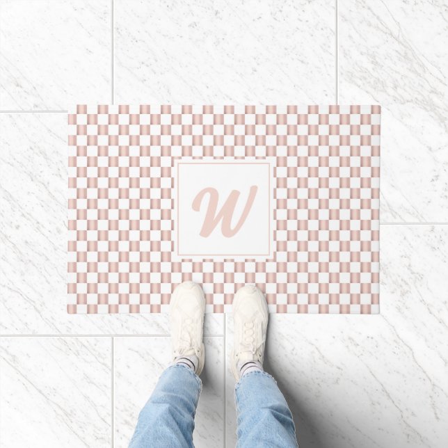 Rose Gold Pink Chequerboard Pattern Monogram Doormat (Indoor)