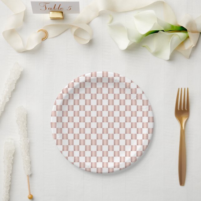 Rose Gold Pink Chequerboard Pattern  Paper Plate (Wedding)