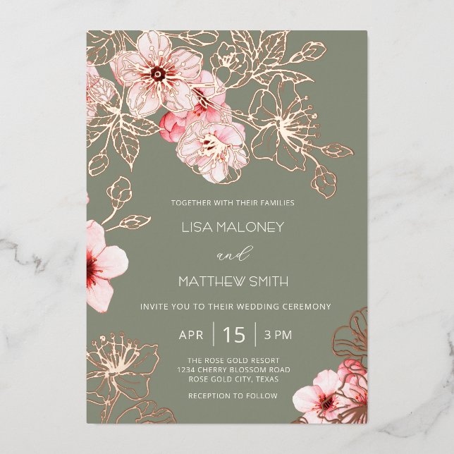 Rose Gold  Pink Cherry Blossom Wedding (Front)