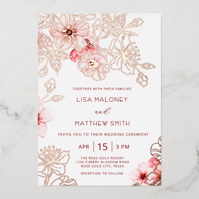 Rose Gold  Pink Cherry Blossom Wedding (Front)