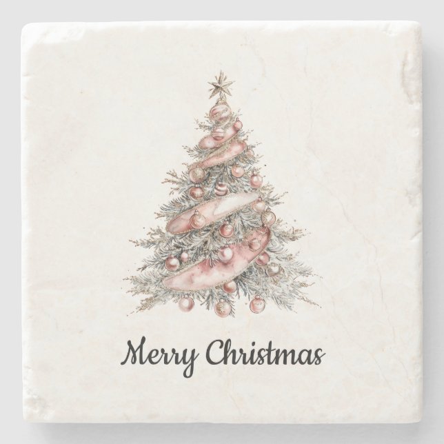 Rose Gold Pink Christmas Tree Stone Coaster (Front)