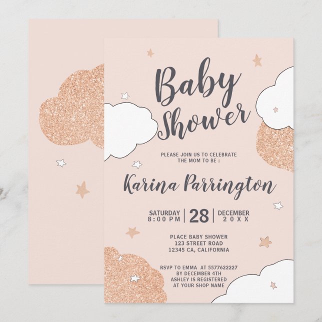 Rose gold pink clouds stars girl baby shower invitation (Front/Back)