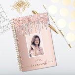 Rose gold pink custom photo silver drips 2025 planner<br><div class="desc">A rose gold background with elegant rose gold, pink and faux silver drips, paint dripping look. Personalise and add your own photo, name and a year. The name is written in dark rose gold with a large modern hand lettered style script with swashes. To keep the swashes only delete the...</div>