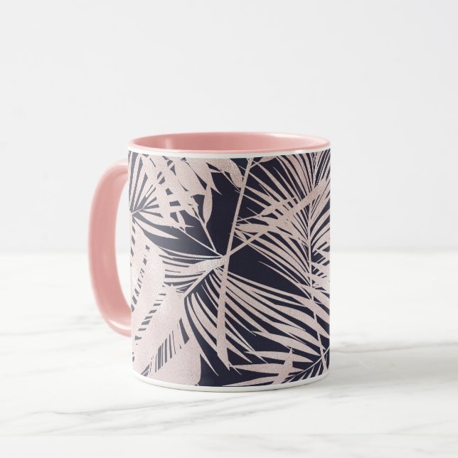 Rose Gold Pink Dark Tropical Palm Tree Leaves Mug (Front Left)