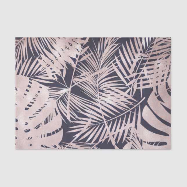 Rose Gold Pink Dark Tropical Palm Tree Leaves Tissue Paper (Front)