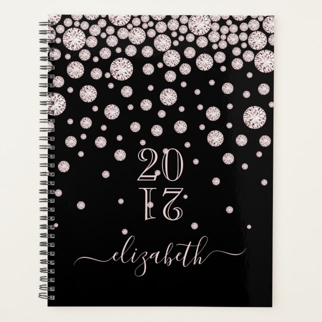 Rose gold pink diamonds black glam 2025 planner (Front)