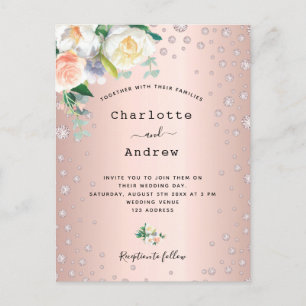 Rose gold pink diamonds floral glamourous wedding postcard