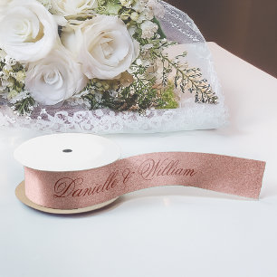 Rose Gold Pink Elegant Calligraphy Glitter Wedding Satin Ribbon