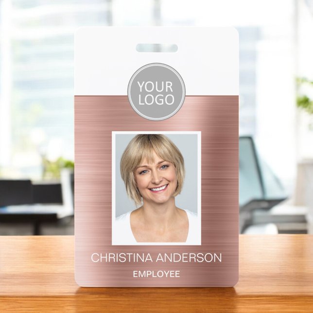 Rose Gold Pink Employee Name Logo Photo Corporate ID Badge (Creator Uploaded)