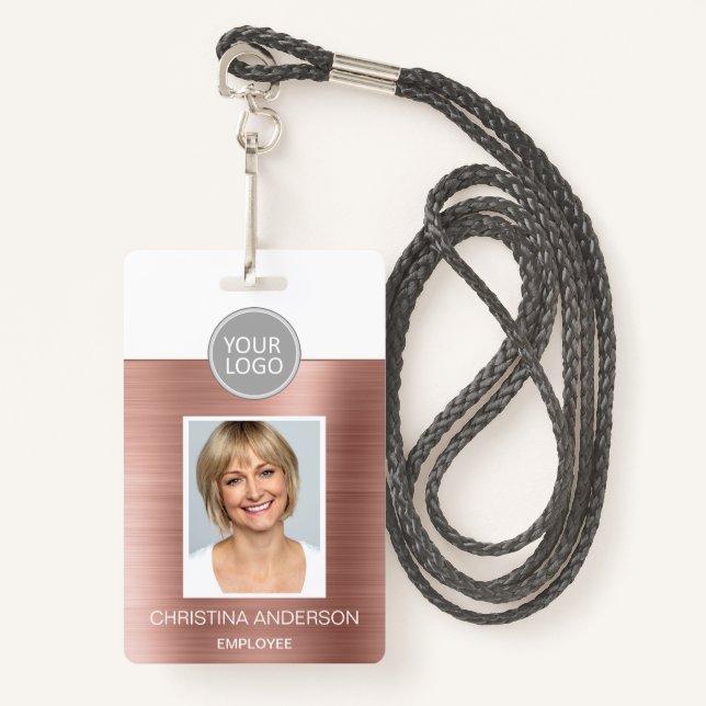 Rose Gold Pink Employee Name Logo Photo Corporate ID Badge (Front with Lanyard)