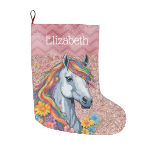 Rose Gold Pink Equestrian Rainbow Horse Girl Name Large Christmas Stocking