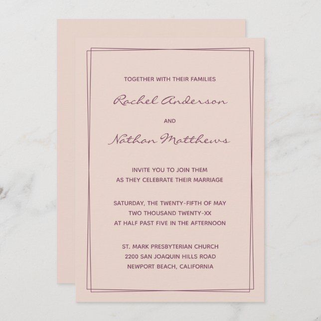 Rose Gold Pink / Fig Ink Wedding Invitations (Front/Back)