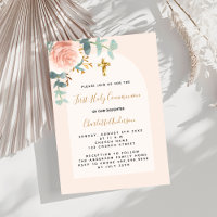 Rose gold pink floral cross First Communion