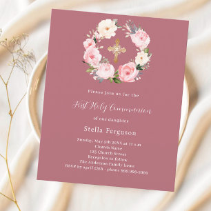 Rose gold pink floral First Communion invitation