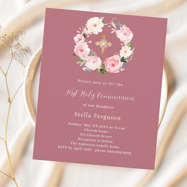 Rose gold pink floral First Communion invitation (Creator Uploaded)