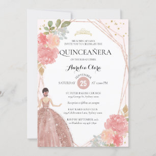 Rose Gold Pink Floral Geometric Photo Quinceañera Invitation