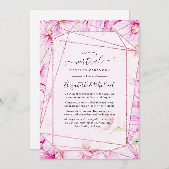 Rose Gold & Pink Floral Geometric Virtual Wedding Invitation (Front/Back)